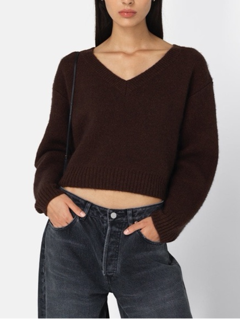 John Elliot Women's Merino Wool V-Neck Cropped Knit Sweater in Dark Brown